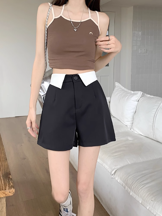 Flip one button high waist suit casual pants women's summer 2023 new wide-leg slim pink all-match short pants