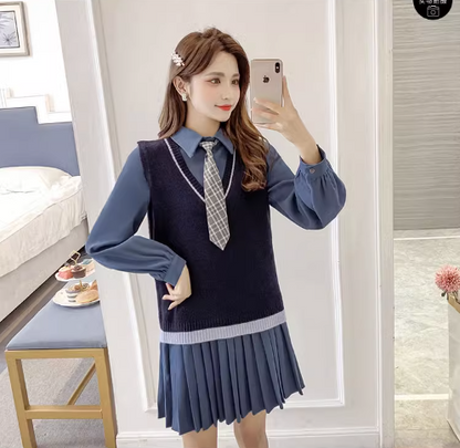 College style suit shirt skirt layered vest 2023 new women's autumn and winter knitted dress sweet cool two-piece suit