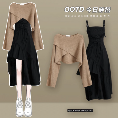 Black/Brown Irregular Strap Dress Women Autumn and Winter 2023 New Sweater Sweet and Spicy Wind Fried Street Skirt Two-piece Set