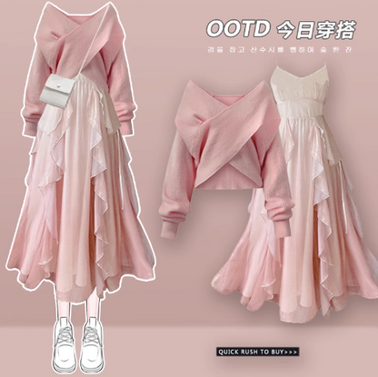 Autumn outfit with a set of suspenders drape dress 2023 French sweater pink fairy skirt two-piece set