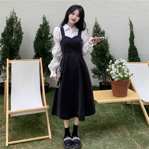 Autumn slim black denim strap dress 2023 women's French shirt strap skirt two-piece suit skirt