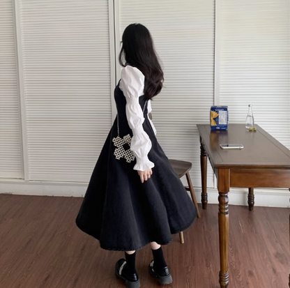 Autumn slim black denim strap dress 2023 women's French shirt strap skirt two-piece suit skirt