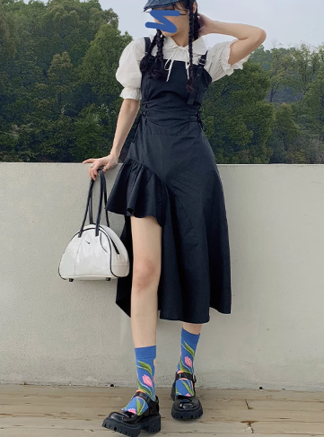 Autumn slim black denim strap dress 2023 women's French shirt strap skirt two-piece suit skirt