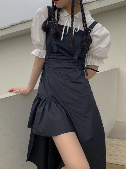 Autumn slim black denim strap dress 2023 women's French shirt strap skirt two-piece suit skirt