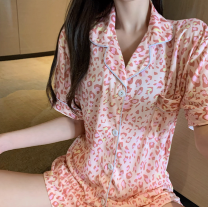 pink leopard print short-sleeved cotton silk pajamas for women summer two-piece set 2023 new internet celebrity cute Japanese home clothes set