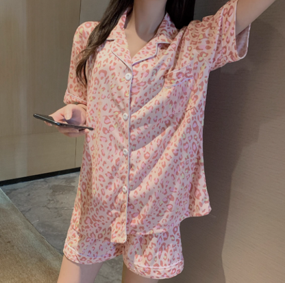 pink leopard print short-sleeved cotton silk pajamas for women summer two-piece set 2023 new internet celebrity cute Japanese home clothes set