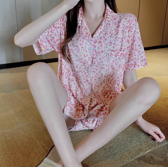 pink leopard print short-sleeved cotton silk pajamas for women summer two-piece set 2023 new internet celebrity cute Japanese home clothes set