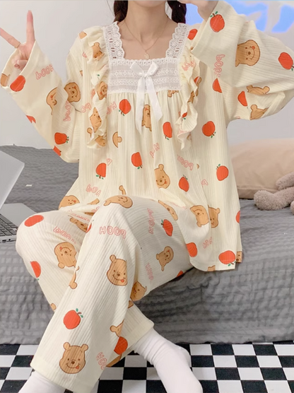 multiple designs pajamas collection for women 2022 autumn and winter new long-sleeved fresh and sweet girly loose and cute home wear set