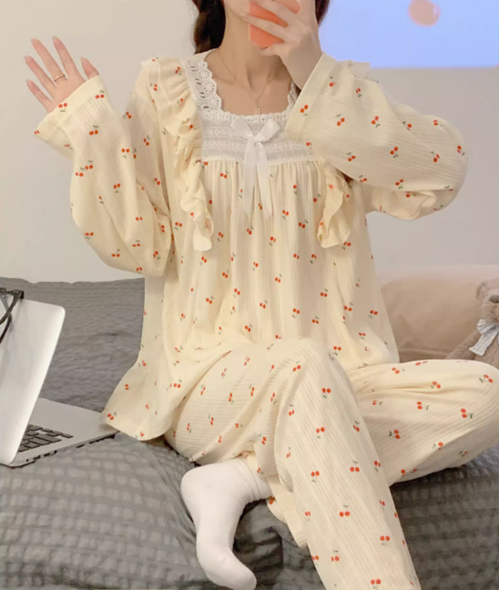 multiple designs pajamas collection for women 2022 autumn and winter new long-sleeved fresh and sweet girly loose and cute home wear set