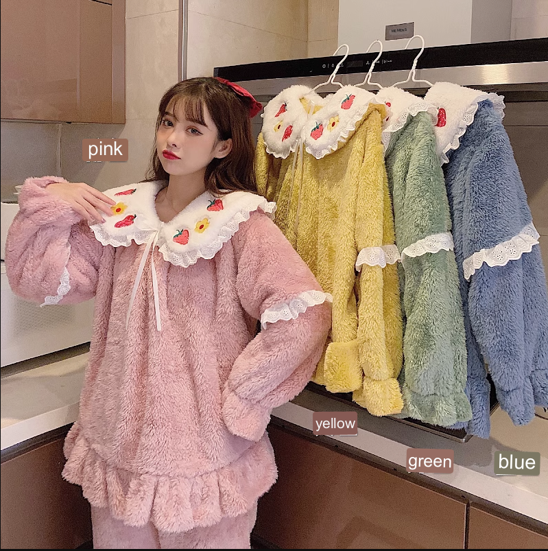 popular flannel pajamas for women pink/yellow/blue/green winter new coral velvet thickened plus fat mm warm home clothes set