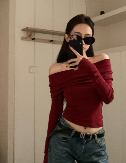 Retro one-shoulder long-sleeved sweater for women autumn 2023 new hot girl slim short bottoming shirt red top