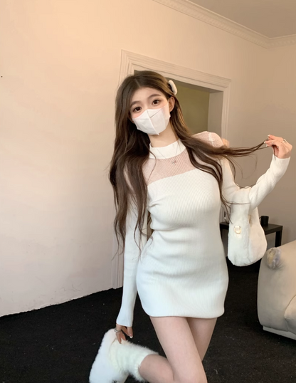 Hollow splicing knitted dress for women autumn 2023 new style waist bag hip half high collar pure lust style slimming short skirt