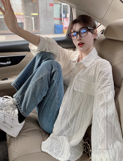 Fashionable crocheted hollow long-sleeved sunscreen shirt for women autumn 2023 new casual versatile loose mid-length top