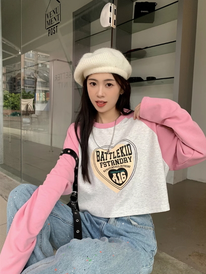 Retro round neck personalized printed short sweatshirt for women autumn 2023 new fashion American loose slimming top trendy