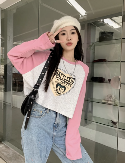 Retro round neck personalized printed short sweatshirt for women autumn 2023 new fashion American loose slimming top trendy