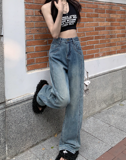 Washed Retro High Waist Jeans Women's Spring 2023 New Casual Loose Slim Versatile Wide Leg Floor-Mopping Pants