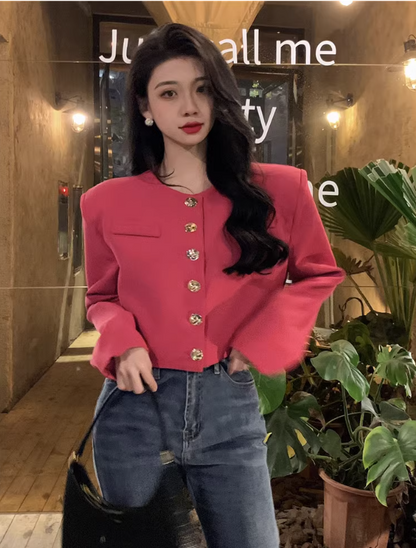 Korean style design rose red blazer women's autumn 2023 new fashion cool loose short round neck top