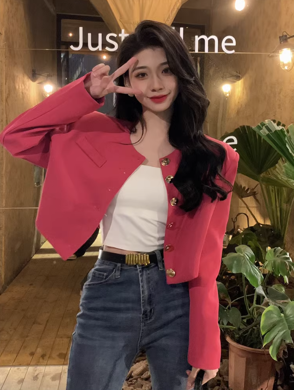 Korean style design rose red blazer women's autumn 2023 new fashion cool loose short round neck top