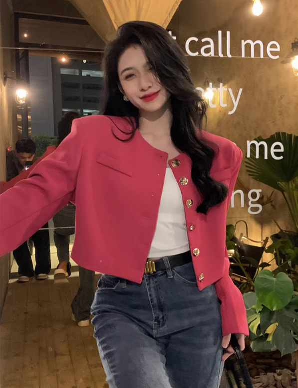 Korean style design rose red blazer women's autumn 2023 new fashion cool loose short round neck top