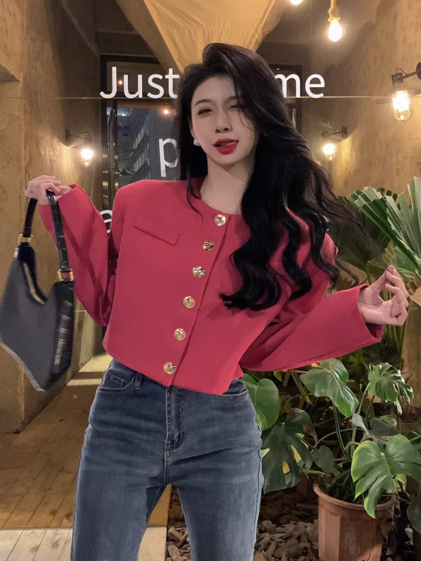 Korean style design rose red blazer women's autumn 2023 new fashion cool loose short round neck top