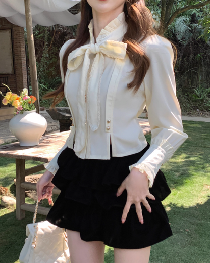 French palace style bow long-sleeved shirt for women spring 2023 new chic temperament slim short top trendy