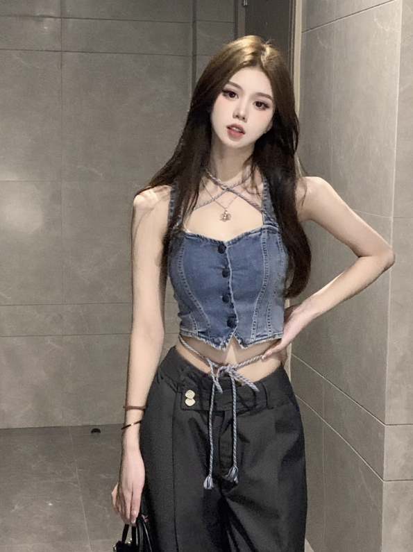 Sexy Pure Lust Style Denim Camisole Women's Summer 2023 New Fashion Short Slim Fit Hot Girl Sleeveless Top