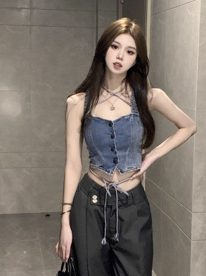 Sexy Pure Lust Style Denim Camisole Women's Summer 2023 New Fashion Short Slim Fit Hot Girl Sleeveless Top