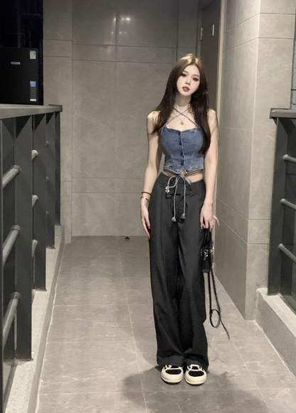 Sexy Pure Lust Style Denim Camisole Women's Summer 2023 New Fashion Short Slim Fit Hot Girl Sleeveless Top