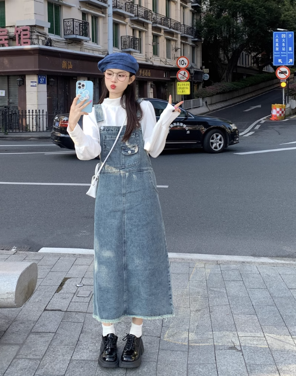 Brown/ Blue denim suspender dress for women spring 2023 new retro age-reducing loose mid-length a-line skirt