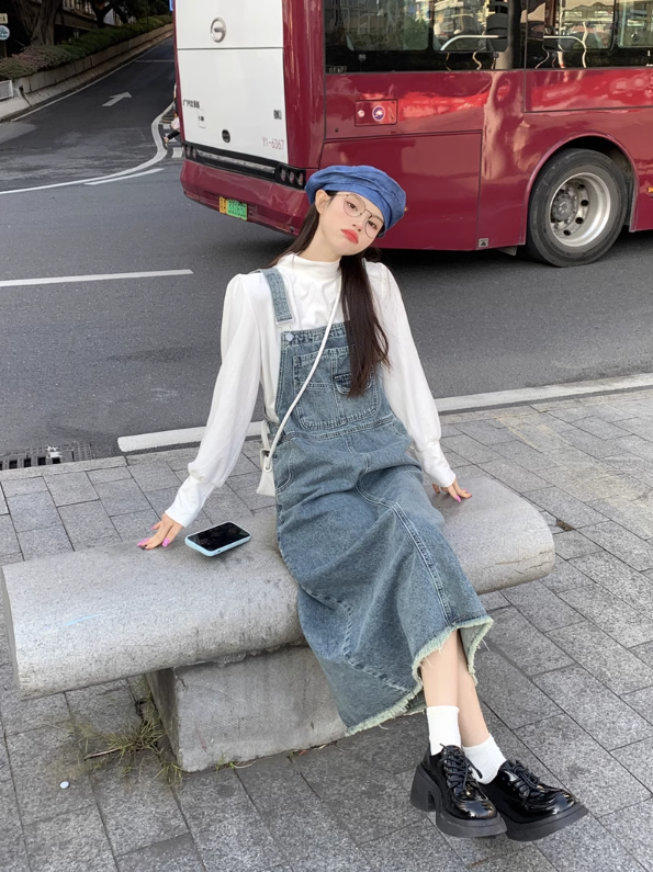 Brown/ Blue denim suspender dress for women spring 2023 new retro age-reducing loose mid-length a-line skirt