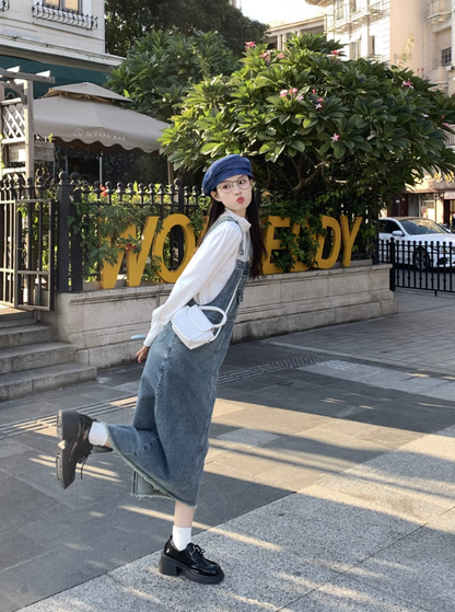 Brown/ Blue denim suspender dress for women spring 2023 new retro age-reducing loose mid-length a-line skirt