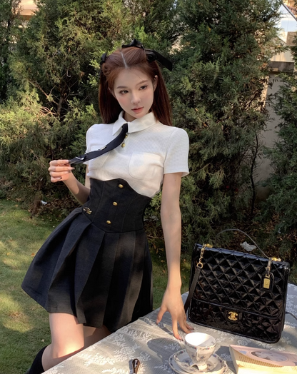 Two pieces Pure lust style black irregular high waist skirt for women spring 2023 new hot girl button slim pleated skirt