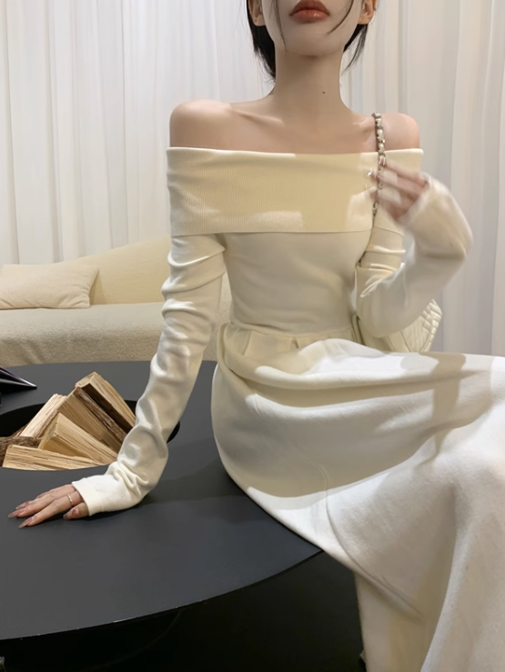 French high-end one-shoulder knitted dress for women autumn 2023 new temperament royal sister style waist long skirt