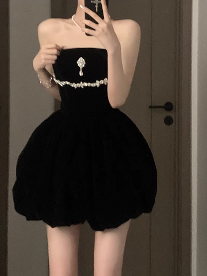 Luxury rhinestone black tube top dress for women summer 2023 new diamond chain waist dress dress bud short skirt