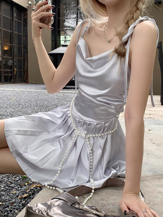 High-end satin suspender dress for women summer 2023 new pure desire high-waist design niche pleated skirt