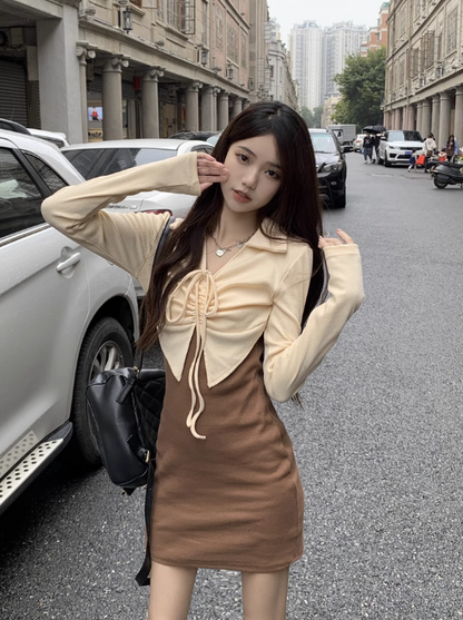 Sexy fake two-piece design dress for women autumn 2023 new fashion niche waist long sleeve hip-covering short skirt