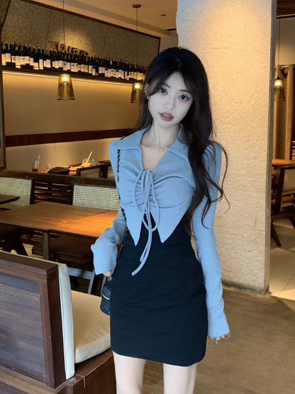 Sexy fake two-piece design dress for women autumn 2023 new fashion niche waist long sleeve hip-covering short skirt