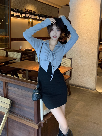 Sexy fake two-piece design dress for women autumn 2023 new fashion niche waist long sleeve hip-covering short skirt