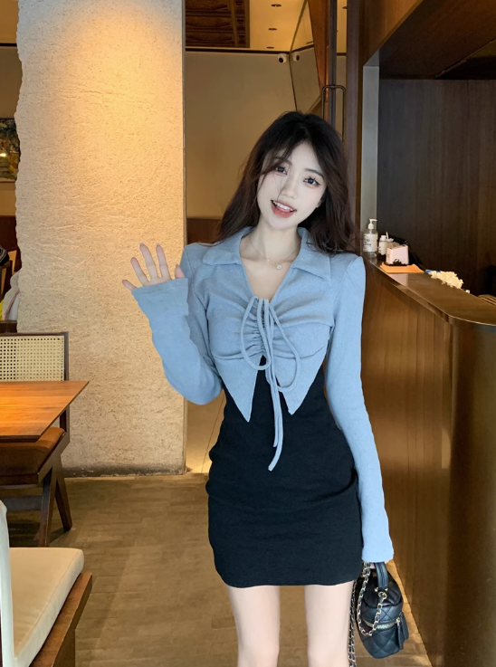 Sexy fake two-piece design dress for women autumn 2023 new fashion niche waist long sleeve hip-covering short skirt