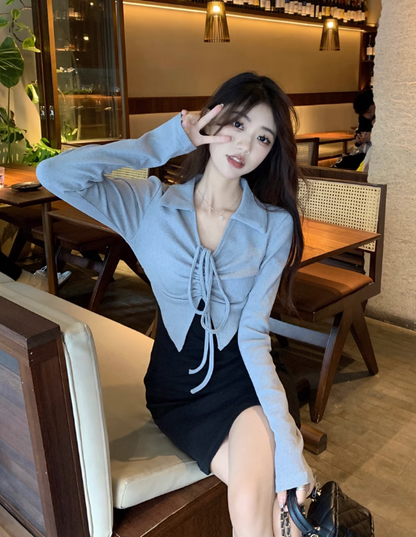 Sexy fake two-piece design dress for women autumn 2023 new fashion niche waist long sleeve hip-covering short skirt