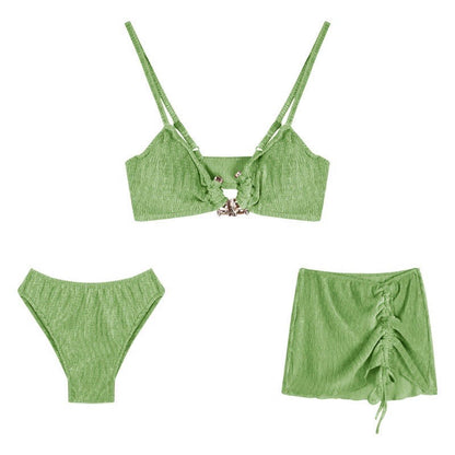 3 Pieces Velvet Swimsuit Bikini Set, Sexy and Elegant, Pink and Green