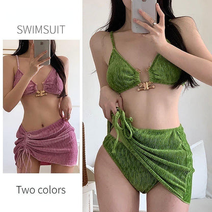 3 Pieces Velvet Swimsuit Bikini Set, Sexy and Elegant, Pink and Green