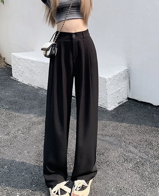 Solid color elastic high waist casual suit pants women's summer