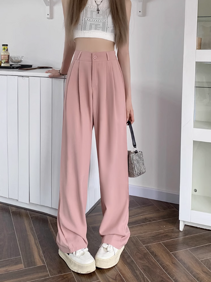 Solid color elastic high waist casual suit pants women's summer