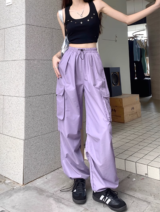 American style quick-drying workwear casual pants women's summer 2023 new sunscreen thin section high waist drawstring wide-leg sports pants