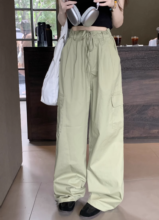 Pink/Green tooling thin section loose slim high waist casual pants women's summer 2023 new drawstring feet all-match pants