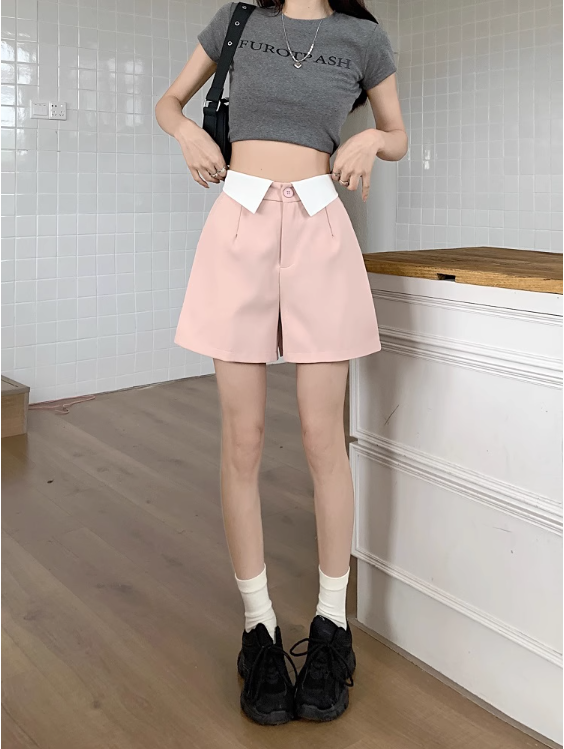 Flip one button high waist suit casual pants women's summer 2023 new wide-leg slim pink all-match short pants